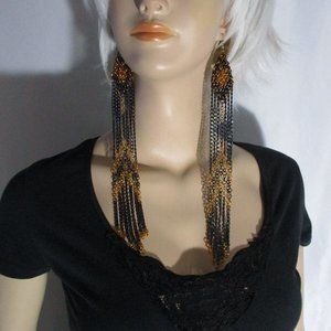 Black & Orange Long 10" Links Halloween Chains Shoulder Earrings Witch Spooky